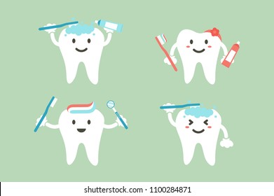 set of tooth is brushing teeth - dental cartoon vector flat style cute character for design