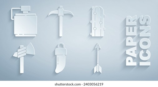 Set Tooth, Cactus, Tomahawk Axt, Crossed Pfeile, Pickaxe und Canteen Wasserflasche Icon. Vektorgrafik