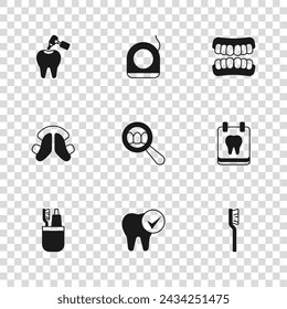 Set Diente, Calendario con Diente, Cepillo de Dientes, Búsqueda Dental, Modelo de Dentadura, Caries y Taladro, Hilo dental e Icono de Placa. Vector