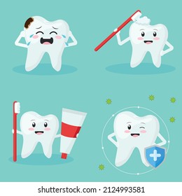 Conjunto de ilustraciones de cuidado dental. Diente vector en diseño plano