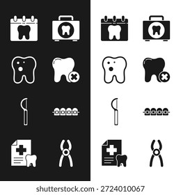 Set Dente com cáries, Calendário dente, Kit de primeiros socorros, fio dental, Dentes chaves, alicate e ícone de cartão. Vetor