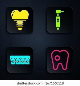 Set Tooth with caries, Dental implant, Teeth with braces and Tooth drill. Black square button. Vector