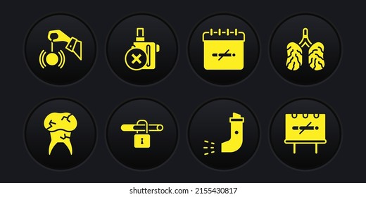 Set Tooth with caries, Disease lungs, No smoking, Inhaler, days, electronic cigarette,  and Hypnosis icon. Vector