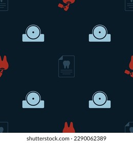 Set Tooth with caries and drill, Clipboard dental card and Otolaryngological head reflector on seamless pattern. Vector