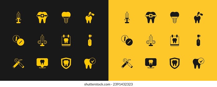 Colocar dientes con caries y taladro, Ubicación de la clínica dental, Diente del calendario, protección, Jeringa, implante y hilo de dientes. Vector