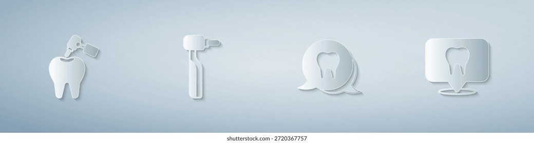 Conjunto de dientes con caries y taladro, y la ubicación de la clínica dental. Estilo de arte de papel. Vector
