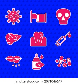 Set Tooth with caries, Eye drop bottle, Medicine pill or tablet, Syringe, Herpes lip, Hepatitis virus, Skull and Virus icon. Vector