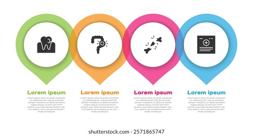 Set Tooth with caries, Gut constipation, Human broken bone and Clinical record. Business infographic template. Vector