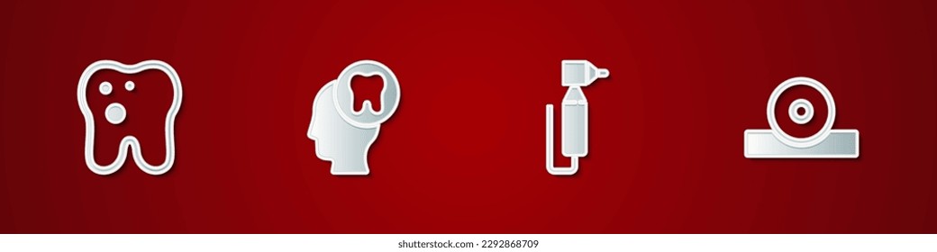 Set Tooth with caries, Human head tooth, drill and Otolaryngological reflector icon. Vector