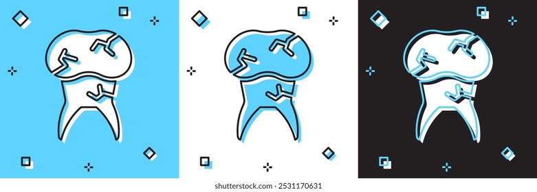 Set Tooth with caries icon isolated on blue and white, black background. Tooth decay.  Vector