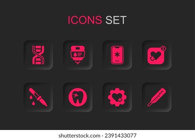 Set Tooth con caries, bolsa IV, símbolo de ADN, cruz cardíaca, frecuencia cardíaca móvil, termómetro médico, Llamada de emergencia 911 e icono de la pipeta. Vector