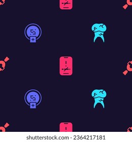Set Tooth with caries, Stop smoking, money saving, No and Candy on seamless pattern. Vector