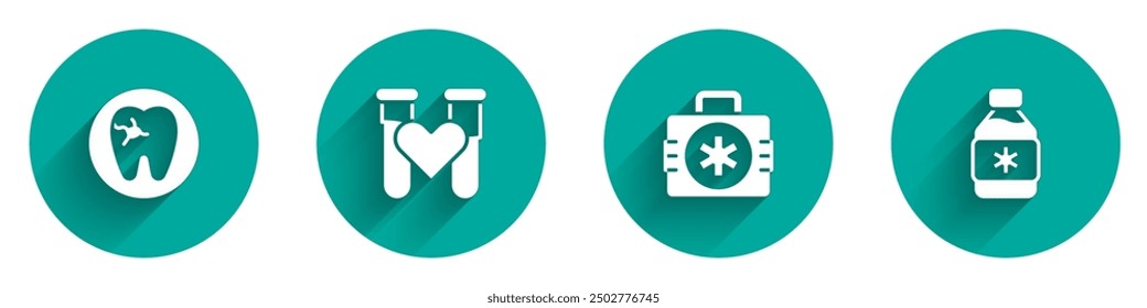 Set Tooth with caries, Test tube blood, First aid kit and Bottle of medicine syrup icon with long shadow. Vector