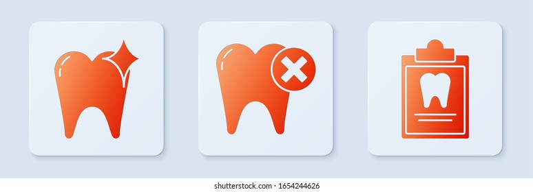 Set Tooth with caries, Tooth whitening concept and Clipboard with dental card. White square button. Vector