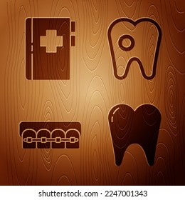 Set Tooth, Clipboard with dental card, Teeth with braces and Tooth with caries on wooden background. Vector