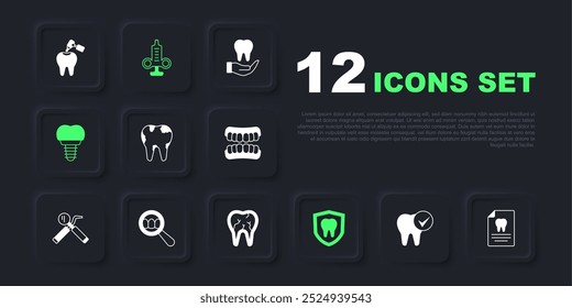 Set Tooth, Clipboard with dental card, Broken tooth, Dental protection, implant, search, Syringe and  icon. Vector