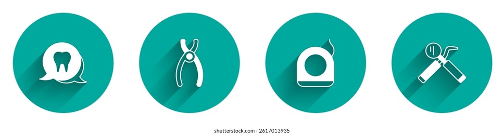 Set Tooth, Dental pliers, floss and mirror and probe icon with long shadow. Vector