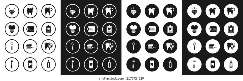 Set Tooth, modelo Dentures, implante dental, dientes de diamante, Portapapeles con tarjeta dental, concepto de blanqueamiento, protección e icono de espejo de inspección. Vector
