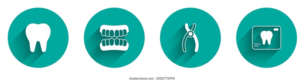 Conjunto de dientes, modelo de dentaduras postizas, alicates dentales y radiografía de icono de diente con sombra larga. Vector