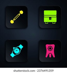 Set Tooth with diamond, Piercing, Wrist watch and Jewelry box. Black square button. Vector