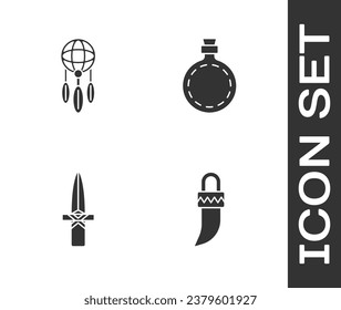 Set Tooth, Dream catcher with feathers, Dagger and Canteen water bottle icon. Vector