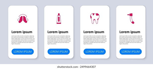 Set Tooth drill, Broken tooth, Tube of toothpaste and Dental plate. Business infographic template. Vector
