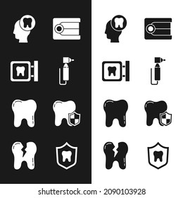 Set Tooth drill, Dental clinic location, Human head with tooth, Dentures model, protection,  and Broken icon. Vector