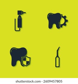 Set Tooth drill, Dental explorer scaler, protection and treatment procedure icon. Vector