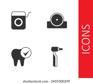 Set Tooth drill, Dental floss,  and Otolaryngological head reflector icon. Vector