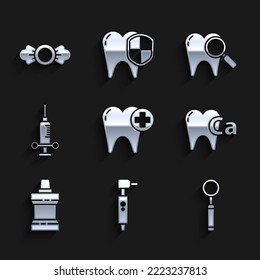 Set Tooth, drill, Dental inspection mirror, Calcium for tooth, Mouthwash plastic bottle, medical syringe, search and Candy icon. Vector