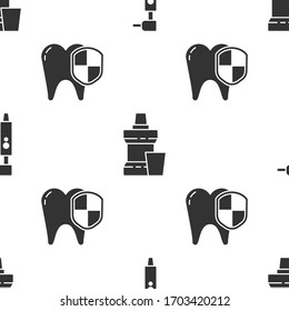 Set Tooth drill, Mouthwash plastic bottle and Dental protection on seamless pattern. Vector