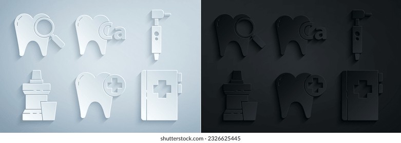 Set Tooth, taladro, Botella de plástico para lavavajillas, Portapapeles con tarjeta dental, Calcio para dientes e ícono de búsqueda dental. Vector