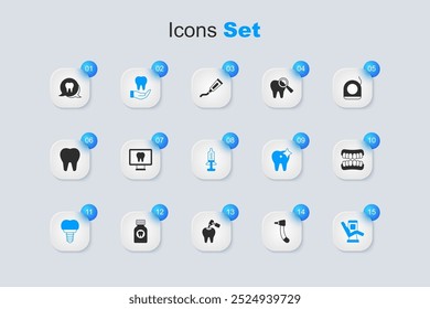 Set Zahnbohrer, Online-Zahnpflege, Zahnimplantat, Medizinischer Stuhl, Dentures-Modell und Spritzen-Symbol. Vektorgrafik