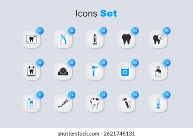 Set Tooth drill, Otolaryngological head reflector, Dental pliers, Clipboard with dental card, Syringe, Mouthwash, X-ray of tooth and  icon. Vector