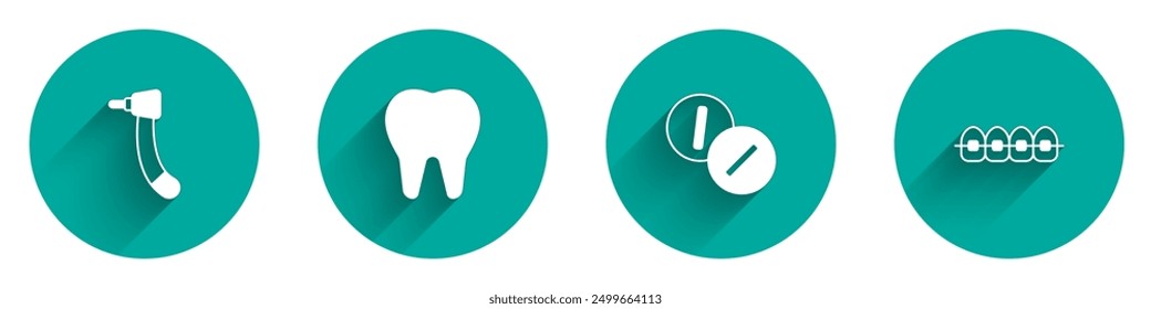 Set Tooth drill, Toothache painkiller tablet and Teeth with braces icon with long shadow. Vector