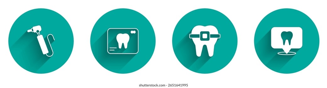 Definir broca de dente, raio-X de dente, dentes com aparelho e ícone de localização clínica dentária com sombra longa. Vetor