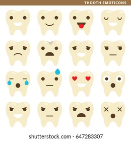 Set of tooth emoticons with sixteen different expressions.