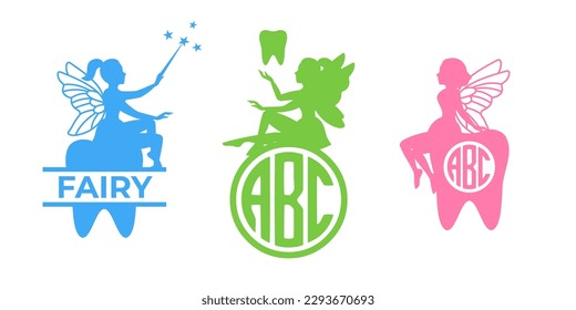 Set of tooth fairies with tooth monogram. Dental monogram. Funny tooth fairies in different poses. Mythical fairy tale characters in cute dresses.