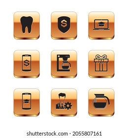 Ajuste Diente, Límite de graduación en el móvil, Configuración de perfil, Máquina de café con olla, dólar Smartphone e icono de laptop. Vector