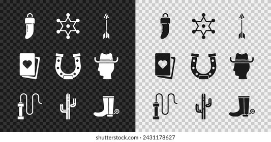 Set Tooth, Hexagram sheriff, Crossed arrows, Leather whip, Cactus, Cowboy boot, Deck of playing cards and Horseshoe icon. Vector