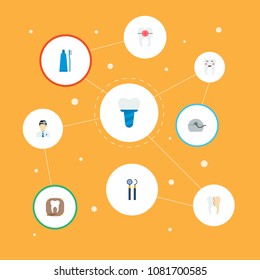 Set of tooth icons flat style symbols with mirror with probe, alignment, implant and other icons for your web mobile app logo design.