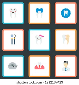 Set of tooth icons flat style symbols with alumina, floss, reconstruction and other icons for your web mobile app logo design.