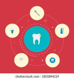 Set of tooth icons flat style symbols with toothpaste, implant, toothbrush and other icons for your web mobile app logo design.