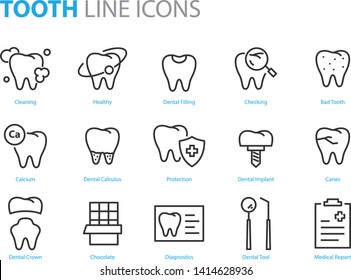 set of tooth icons, such as dentist, clean, protect, treat, oral