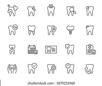 Set of tooth icons, such as dentist, clean, protect, treat, oral. Dental Care, Caries, dental filling, checking, bad tooth, calcium, dental calculus, implant, crown, medical report