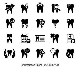 Set of tooth icons, such as dentist, clean, protect, treat, oral. Dental Care, Caries, dental filling, checking, bad tooth, calcium, dental calculus, implant, crown, medical report