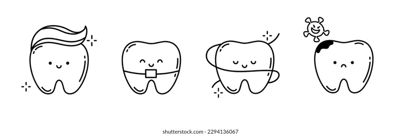 Set of tooth icons, such as dentist, clean, protect, treat, oral. Plaque teeth, shiny white tooth. Mouth hygiene and toothache. Dental happy and sad vector characters. Doodle vector illustration