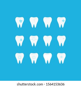 Set of tooth icons. Vector collection of the dentist, clean, protect, treat, oral. Cartoon tooth isolated on blue background.