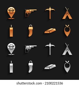 Set Tooth, Indian tepee o wigwam, Cowboy bandana, Gold bars, Dynamite Bomba, Pickaxe, Location cowboy e icono de armas Revolver. Vector
