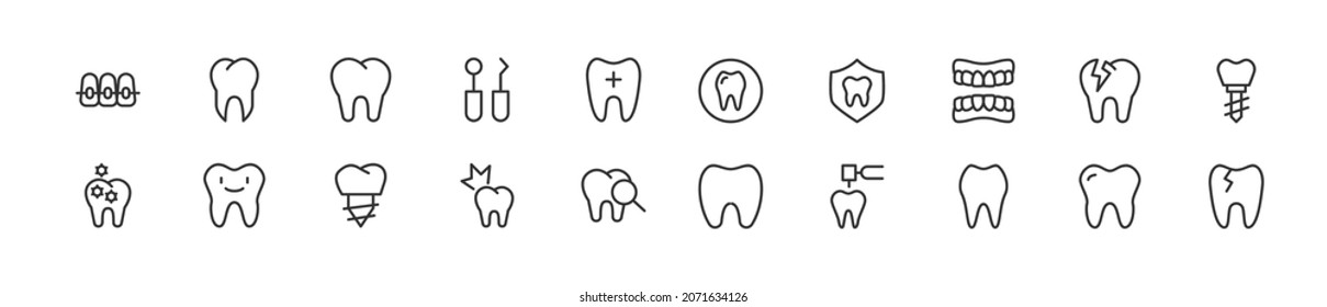 Set of tooth line icons. Premium pack of signs in trendy style. Pixel perfect objects for UI, apps and web. 